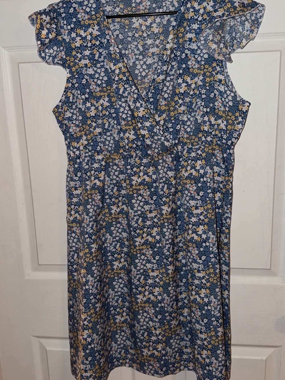 Blue Floral V-Neck Flutter Sleeve Dress